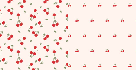 Set Seamless pattern with cherries. Ripe cherries and leaves on a light pink background. Summer print for fabric, clothes, textiles, decor and paper. Vector background with red berries