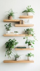 Creative display of floating bookshelves with plants and books in a modern space Generative AI
