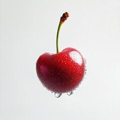 Single wet cherry against white background