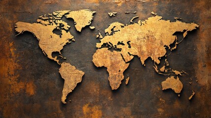 Aged world map on rustic background with vintage earth tones and textured surface