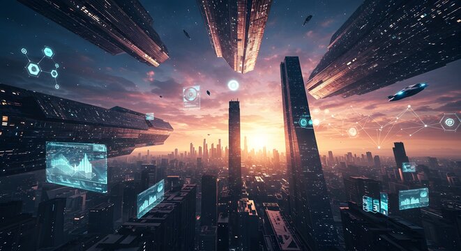 Futuristic Cityscape Flying Ships Sunset Data Technology
