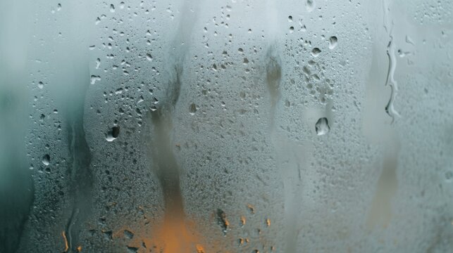 Thick condensation on a foggy mirror reveals swirling patterns and droplets after a warm shower in a cozy bathroom