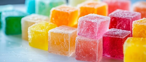 Assorted frosty fruit-flavored ice cubes in vibrant colors on display