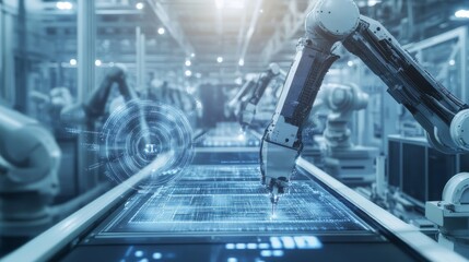 Fototapeta premium An AI powered system optimizing manufacturing processes by analyzing production data, material efficiency, and machine performance to increase productivity
