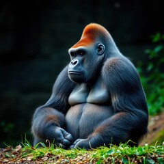Obraz premium A large gorilla sits serenely, gazing into the distance, lost in thought, wildlife, mystical, wildlife photography