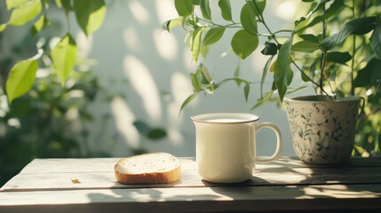 Enjoying a peaceful afternoon snack with tea and bread in a shaded outdoor setting surrounded by greenery
