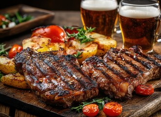 Food photography of grilled beef steaks with potatoes and vegetables on a wooden table