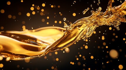 Golden liquid splash with droplets and bokeh against dark backdrop creating abstract, dynamic fluid movement and elegant visual texture.