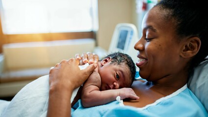 Loving African American Mother Holding Newborn Baby Skin-to-Skin in Hospital Room