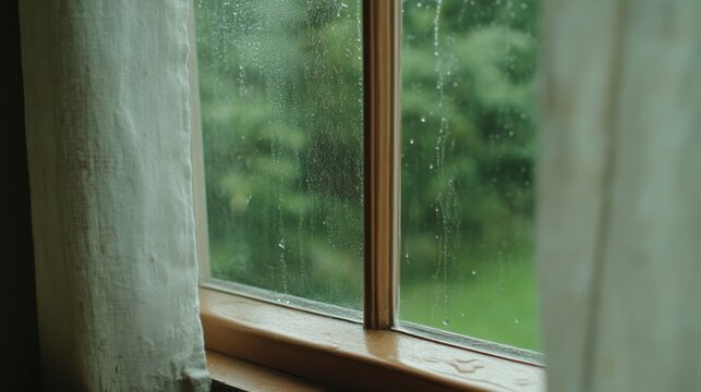 Enjoying a rainy countryside moment from an open window with a view of lush greenery