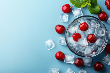 Icy Cherry Delight: A captivating composition features plump, ripe cherries artfully arranged amidst glistening ice cubes in a clear glass, all set against a fresh, cool background. 