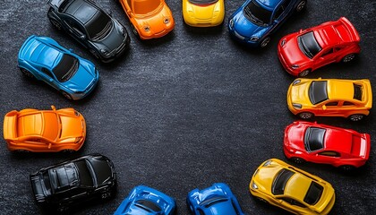 Collection of colorful toy cars arranged in a circular formation