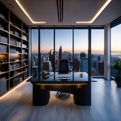 Executive Office with City View: Luxurious and modern office showcasing a sleek desk, comfortable chair, bookshelves, and a panoramic view of the city skyline.
