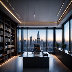 Executive Suite with City Skyline: A modern, luxurious executive office boasts panoramic views of a bustling city skyline, featuring a sleek desk, comfortable chair, and built-in bookshelf.