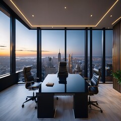 Modern Executive Office: A sleek and modern office space offering panoramic city views through floor-to-ceiling windows, exuding sophistication and productivity.