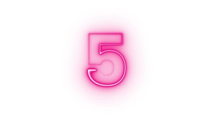 Five to zero countdown pink glow neon animation running animated numbers 5-0, 5 to 0 second modern digital countdown timer neon light style on a white background.	