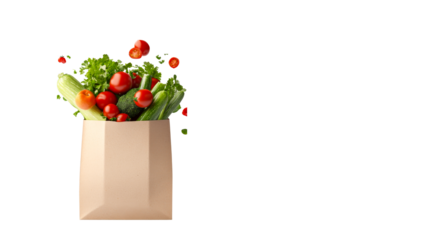 Paper bag brimming with fresh vegetables, cut out transparent