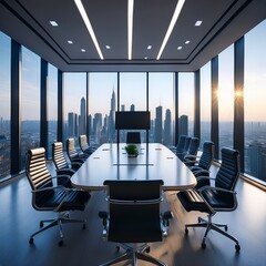 Modern Conference Room with Cityscape: A contemporary conference room bathed in natural light, featuring a long table, comfortable chairs.