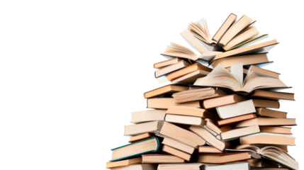 Stack of open books on a black background for creative design, cut out transparent