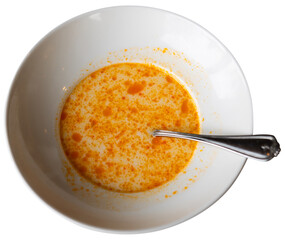 Portion of shkembe chorba soup, popular dish in Bulgaria for hangovers and hypothermia, is served in plate. Soup is made from milk, tripe, and hot spices. Isolated over white background