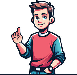Cartoon Character Illustration with Red and Blue Outfit, Pointing Gesture, and Modern Style