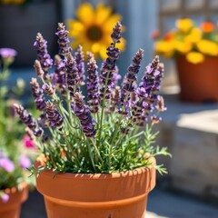 Obraz premium Sun-drenched lavender and rosemary in a terracotta pot, green, purple, image