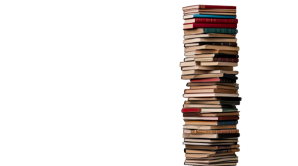 Stack of Old Books Towering High on Black Background, cut out transparent