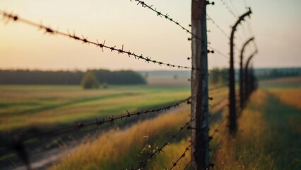 Barbed wire fence near open fields at sunset in rural landscape