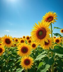 Vast field of sunflowers under a brilliant blue sky, element, flowers, sky