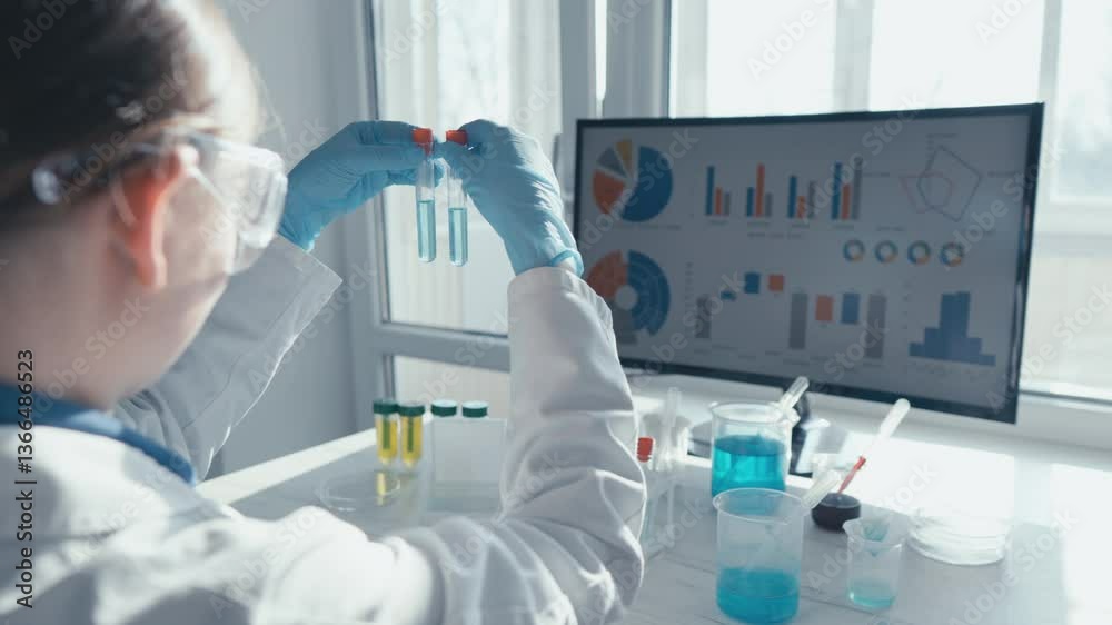 Aufkleber A dedicated scientist in a lab coat is conducting complex experiments with biological samples by a bright window, meticulously analyzing results displayed on a nearby computer screen