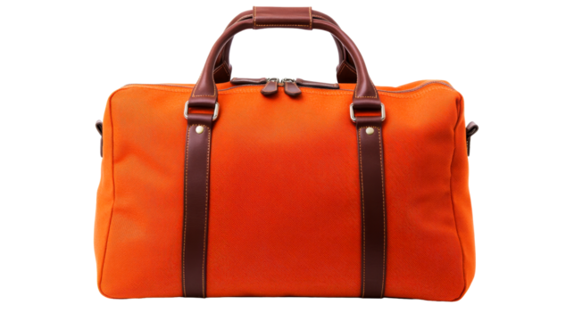 Travel bag in orange canvas with leather handles, cut out transparent - Powered by Adobe