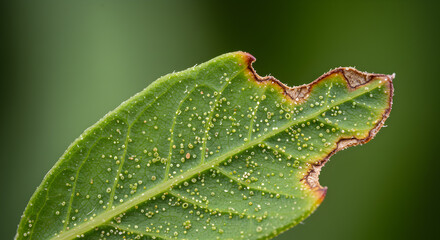 Close-up of a damaged leaf exhibiting signs of thrips infestation and feeding