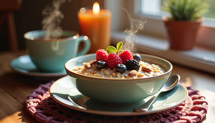 Cozy bowl of steaming oatmeal with mixed berries and almonds on a knitted placemat with tea in warm ambient lighting