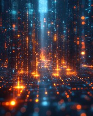 Fototapeta premium Futuristic digital cityscape with glowing lights and data streams, showcasing advanced technology