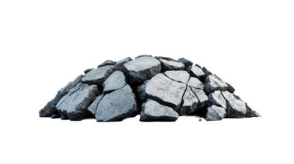 Pile of cracked stones on black backdrop, rocks, destruction, cut out transparent