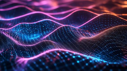 Futuristic cybernetic mesh glowing with vibrant gradient light in a sleek digital landscape