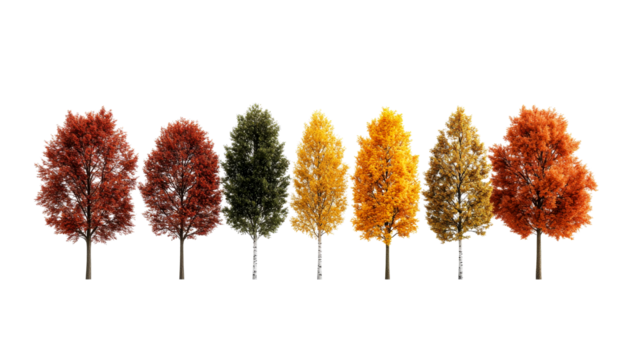 Autumnal trees in a row with changing leaves, cut out transparent