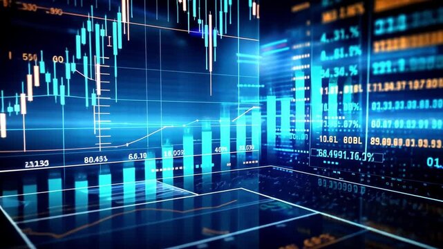 Analyzing stock market fluctuations with advanced data visuals in a futuristic financial environment. Insights into trading patterns and investment strategies are highlighted