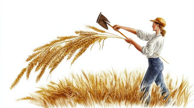 A determined woman is harvesting golden wheat with a scythe, symbolizing the hard work and dedication of farmers, as well as the timeless connection to the land and traditional farming methods.
