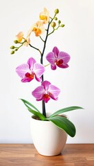 A vibrant orchid in full bloom, elegantly displayed in a ceramic pot against a pure white backdrop, object, blooming, flower