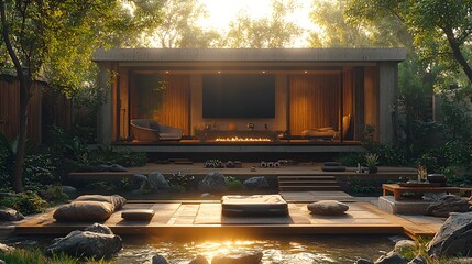 Tranquil Zen Cabin in Lush Garden at Sunrise