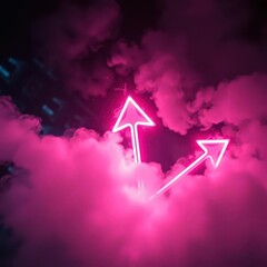 Bright neon arrows pierce swirling fog on a windowpane, steam, speed