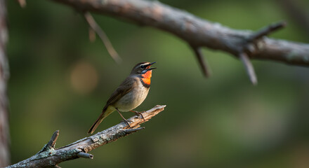 Vibrant Siberian Rubythroat Serenading Amidst the Verdant Taiga Backdrop