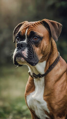 Brown and white Boxer dog, muscular and attentive.