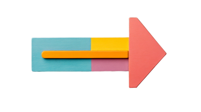 Colorful wooden arrow points right, cut out transparent