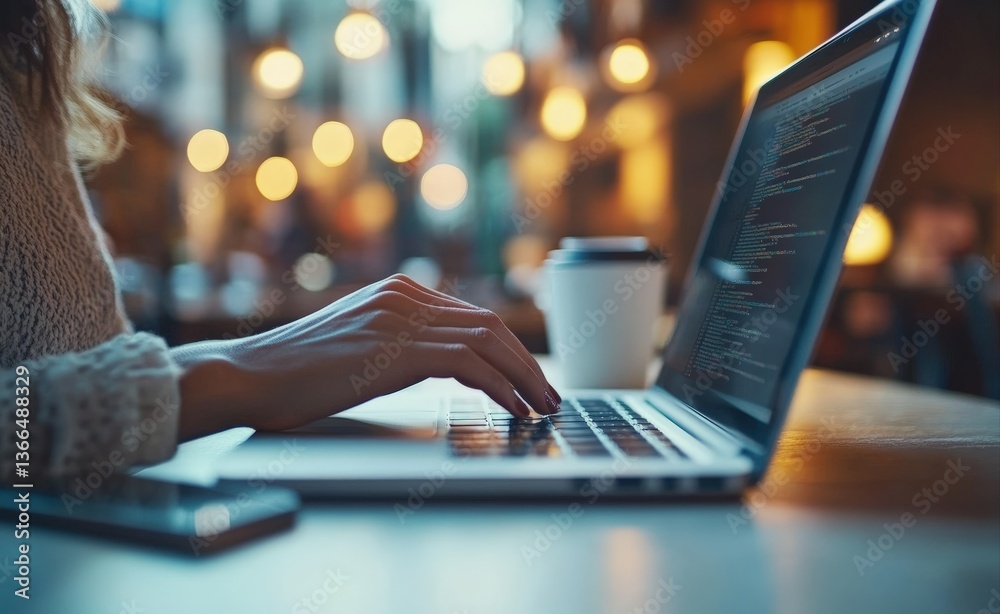 Poster Programmer writing code on laptop in cafe, working remotely