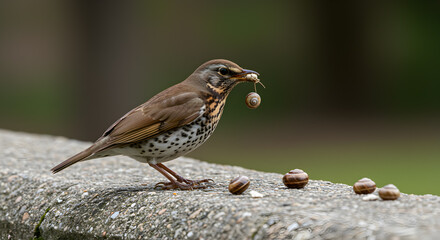 Focused song thrush preys on snails, demonstrating unique feeding behavior outdoors