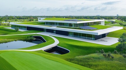Fototapeta premium Sustainable Architectural Masterpiece: Eco-Friendly Building Integrated with Lush Greenery
