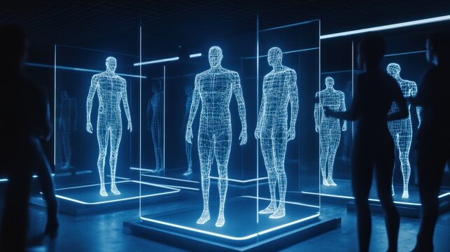 Futuristic Humanoid Displays in a HighTech Environment Wireframe Models Encased in Glass for