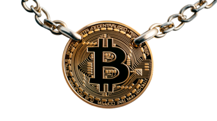 Golden Bitcoin coin on chain, digital currency icon, cutout transparent